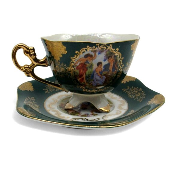SHAFFORD Tea Cup And Saucer GREEN With Victorian Scene Japan Vintage - Picture 1 of 12